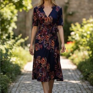 MSK Navy Paisley Midi Wrap Dress with Orange Accents
